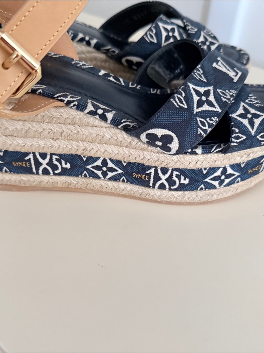 Authentic Louis Vuitton Blue "Since 1854" Wedge Espadrille Sandals SZ 9